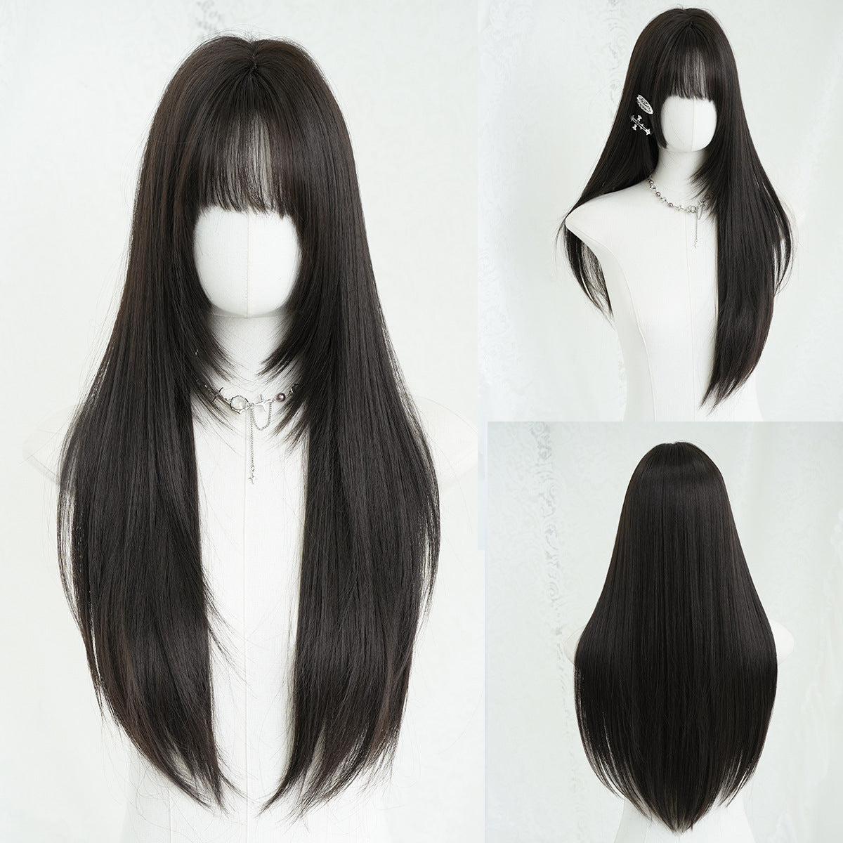 Black Full Top Bangs High Quality Chemical Long Straight Wig