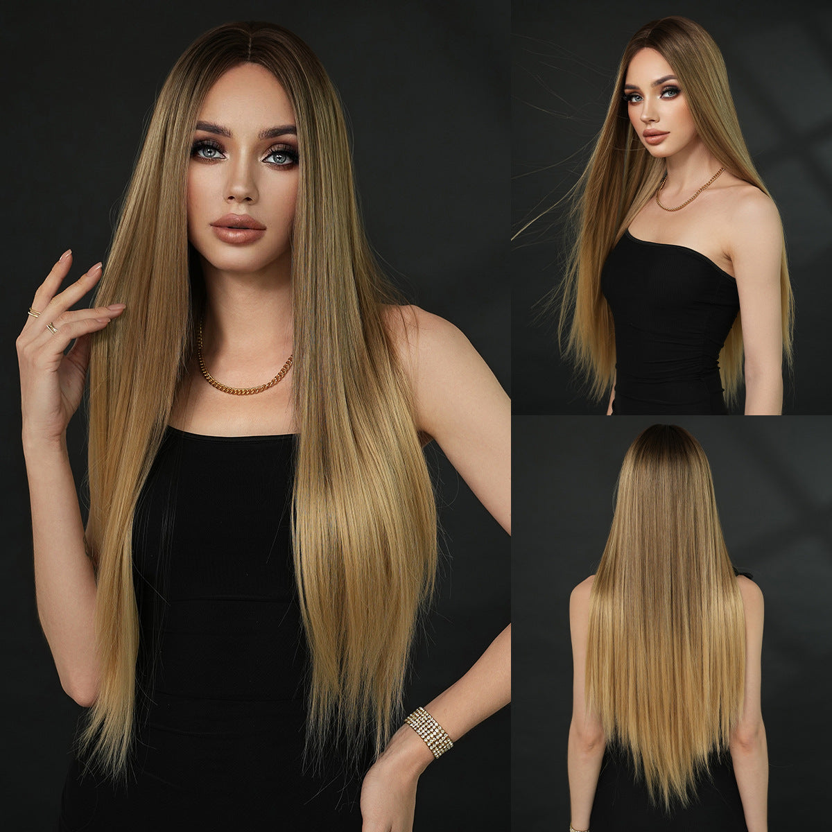 Women's Small Lace Super Hair Gradient Golden Mid-point Long Straight Wig