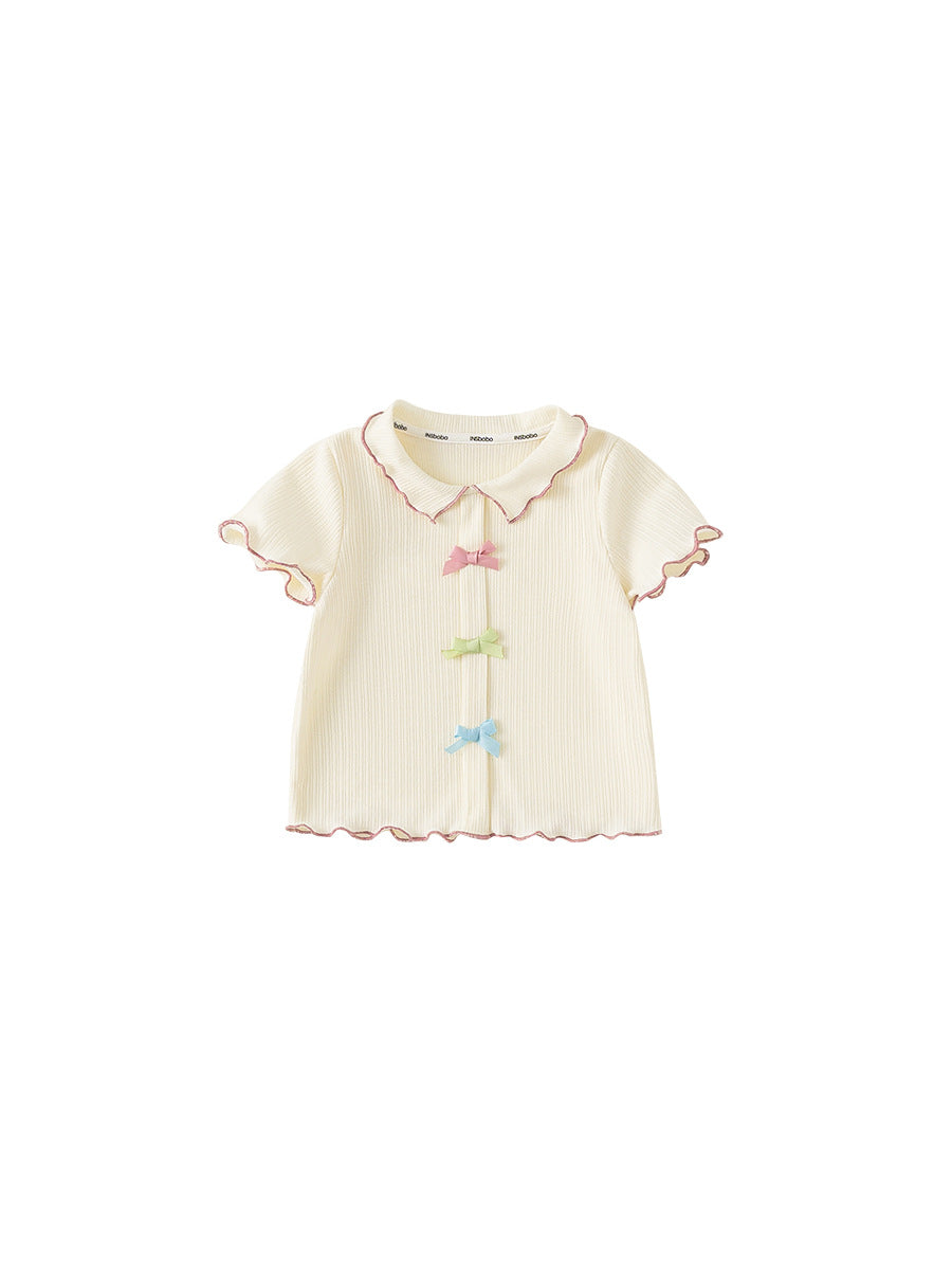 Children's Clothing Bowknot Summer Clothes Wooden Ear Sweet Style Short Sleeve Children's T-shirt