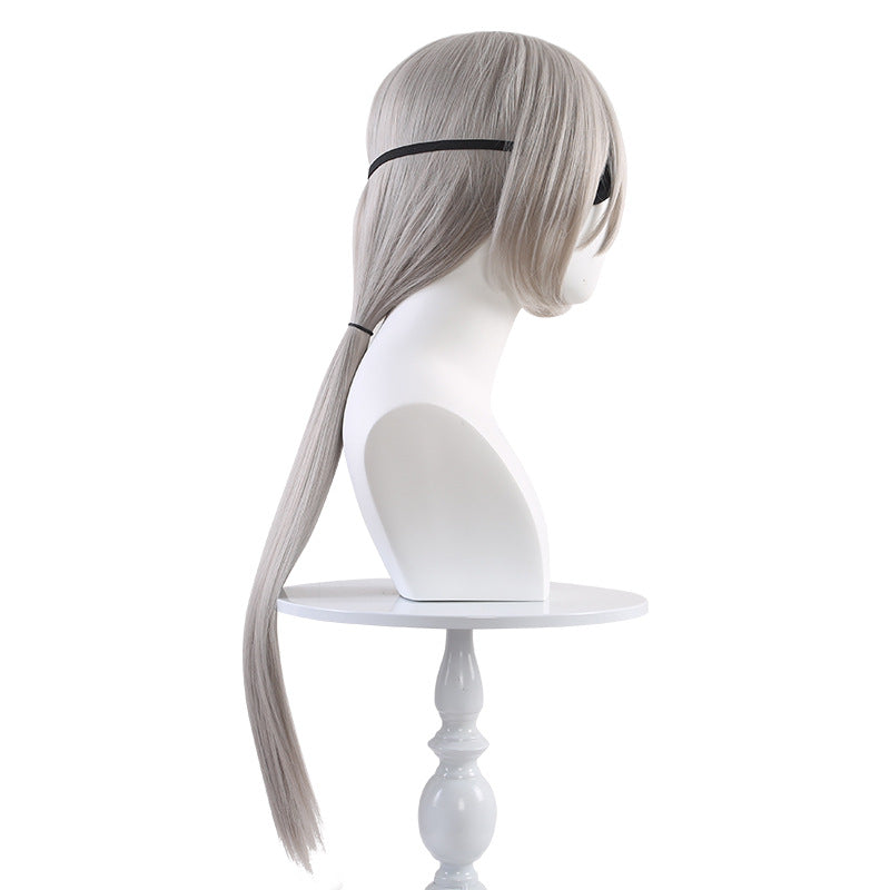 Chain Saw Hair Sier Gray Long Straight Ponytail Face Without Cos Wig