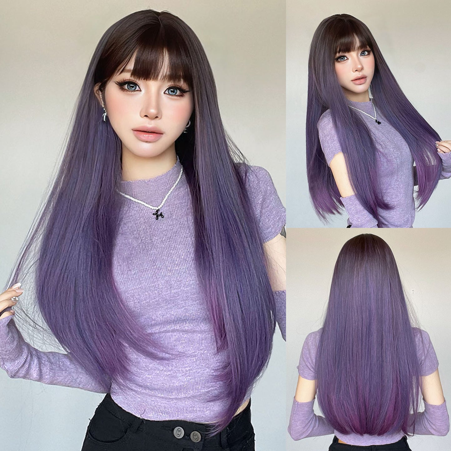 Gradient Hair Bangs Daily Natural Sweet Cool White Long Straight Wig