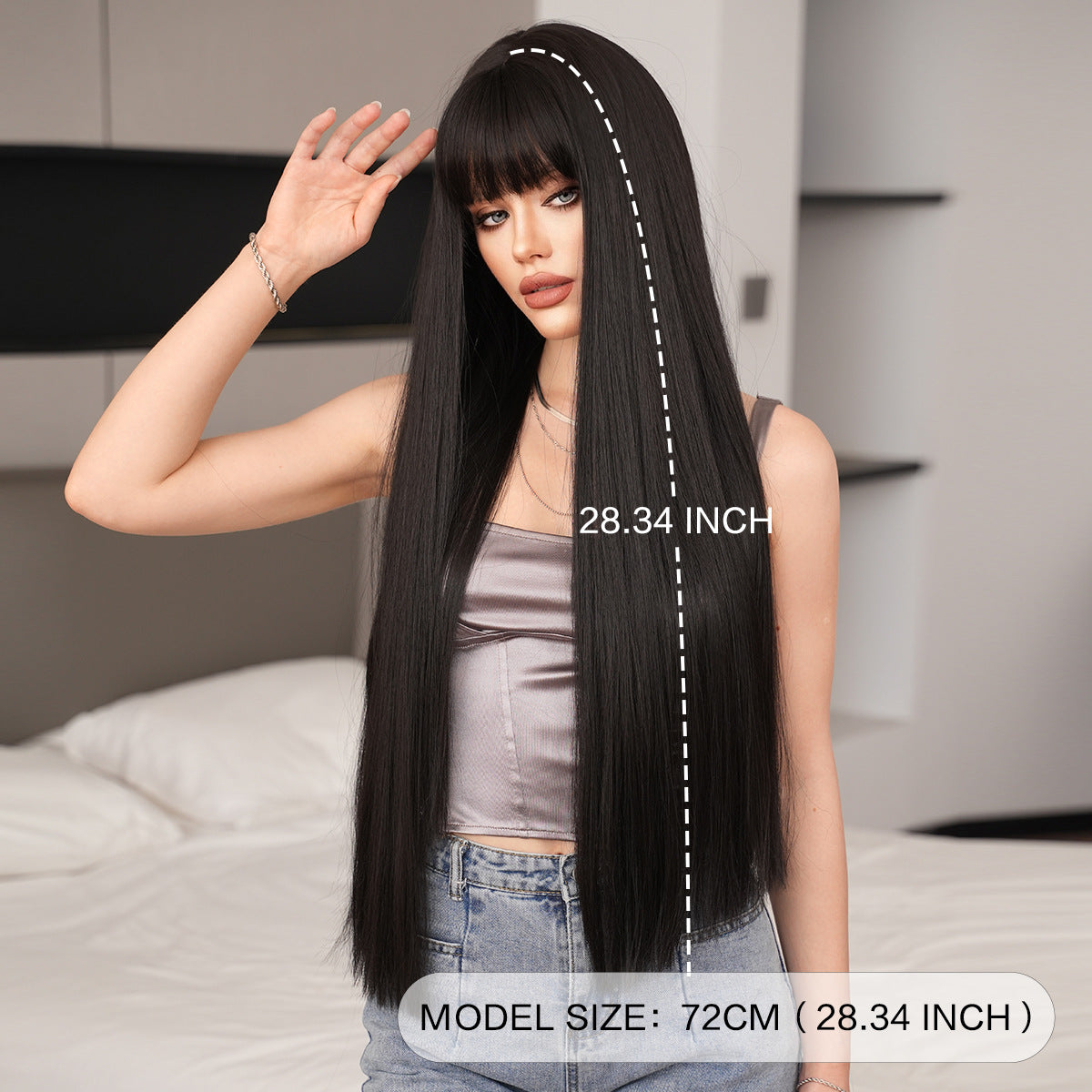 High Quality Super Hair Female Bangs Daily Black Long Straight Wig