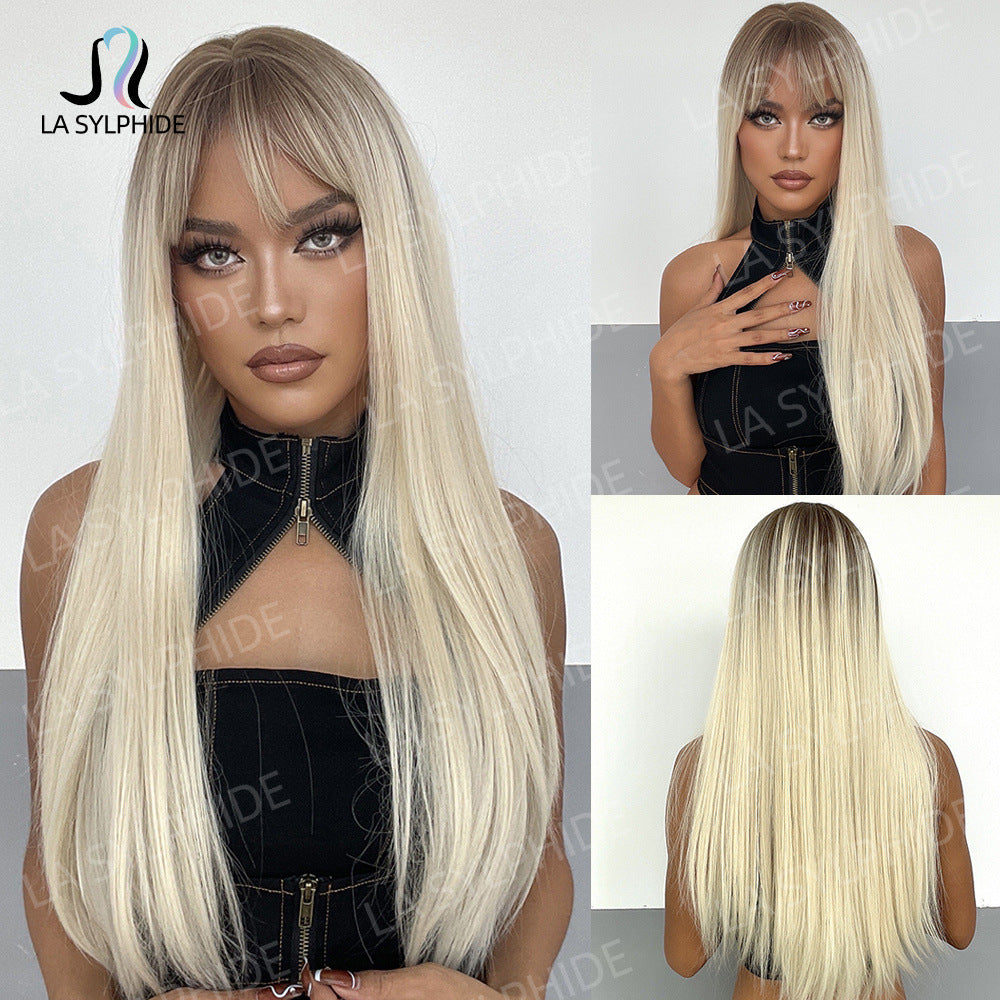 Hair Seam Gradient Golden Partial Rose Net Head Cover Chemical Long Straight Wig