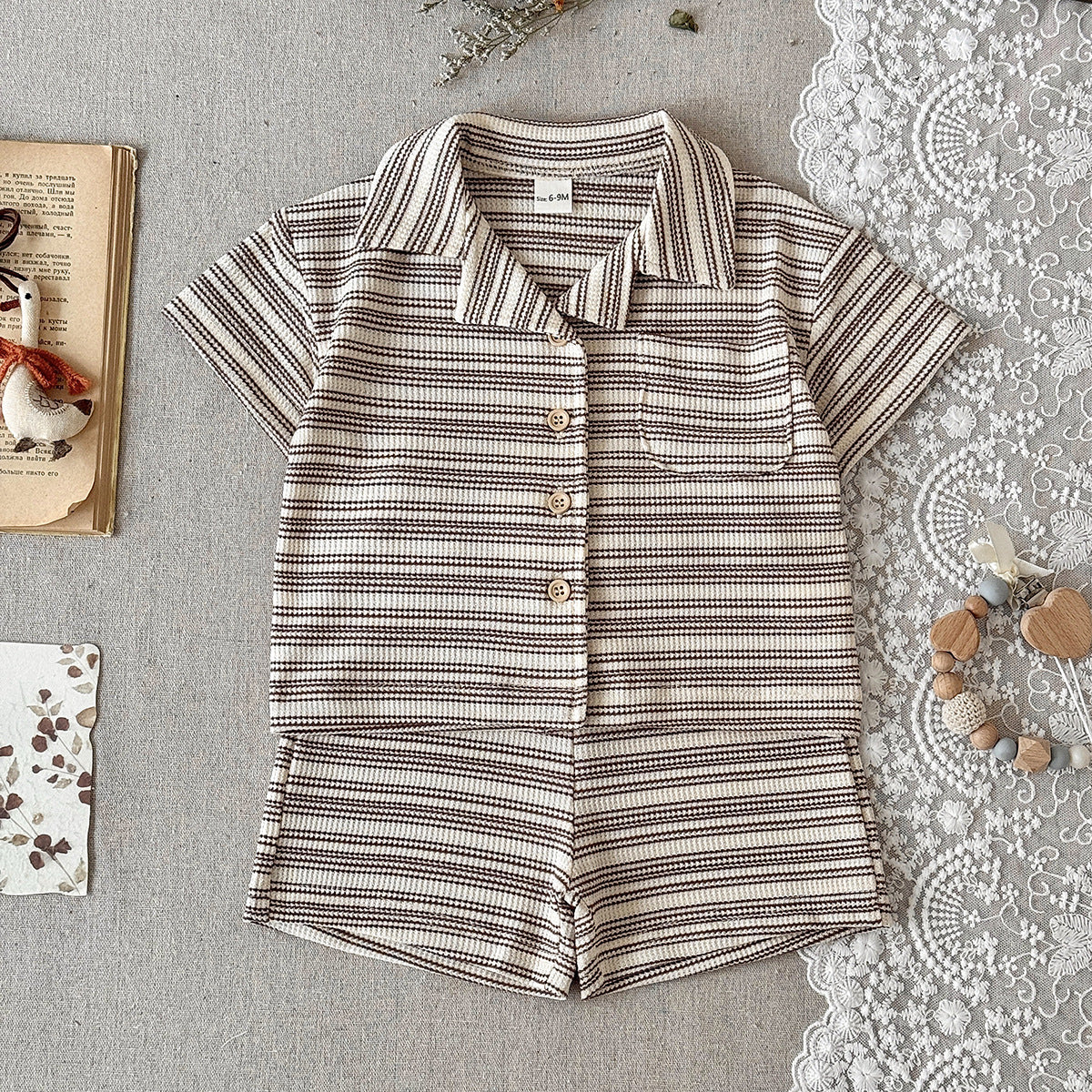 Children's Solid Color Narrow Striped Button Two-piece Children's Suit