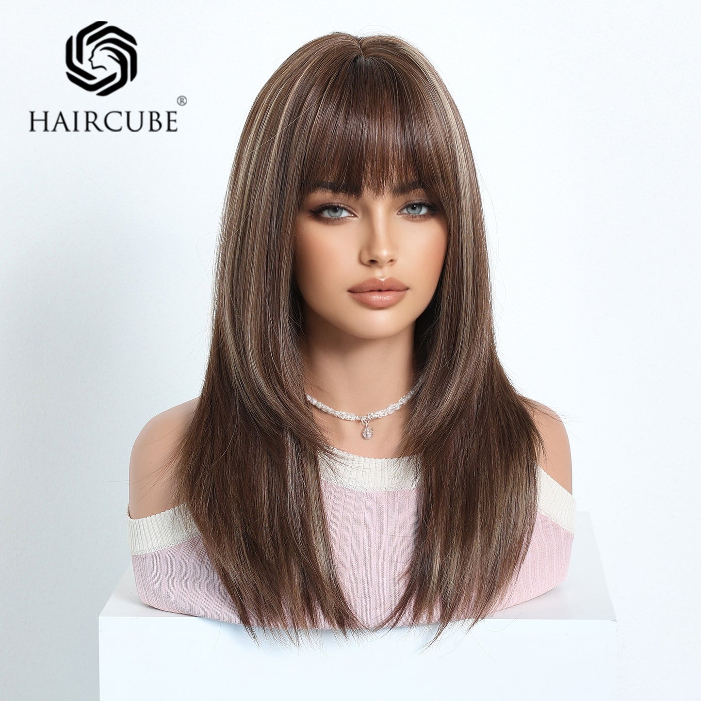 Female Fiber Chemical Hair Bangs Brown Medium Long Straight Wig
