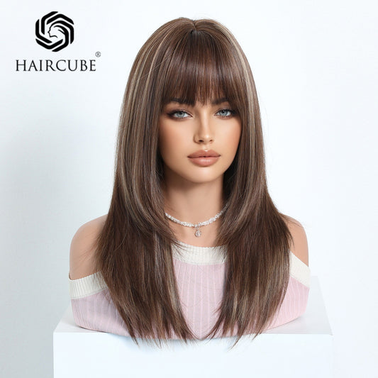 Female Fiber Chemical Hair Bangs Brown Medium Long Straight Wig