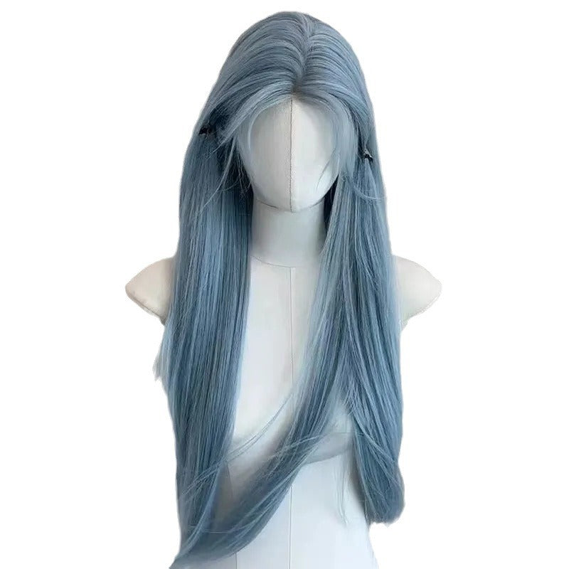 Glacier Forehead Lace Low Saturation Blue Female Long Straight Wig