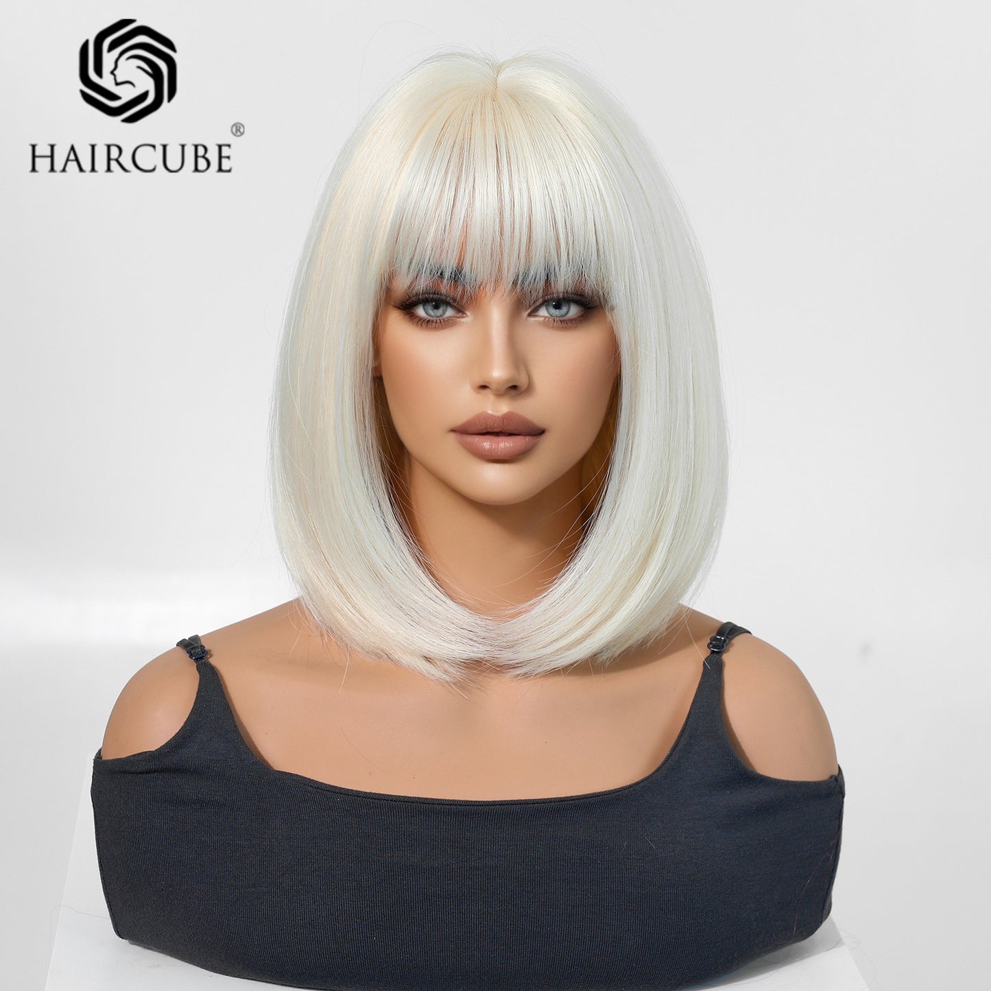 Head Cover Bangs White Styling Full Wig Short Straight Hair