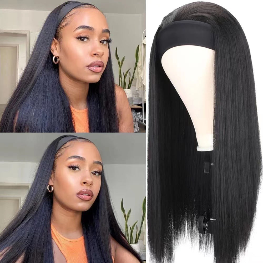 Women's Turban Hair Black Chemical Fiber Band Long Straight Wig