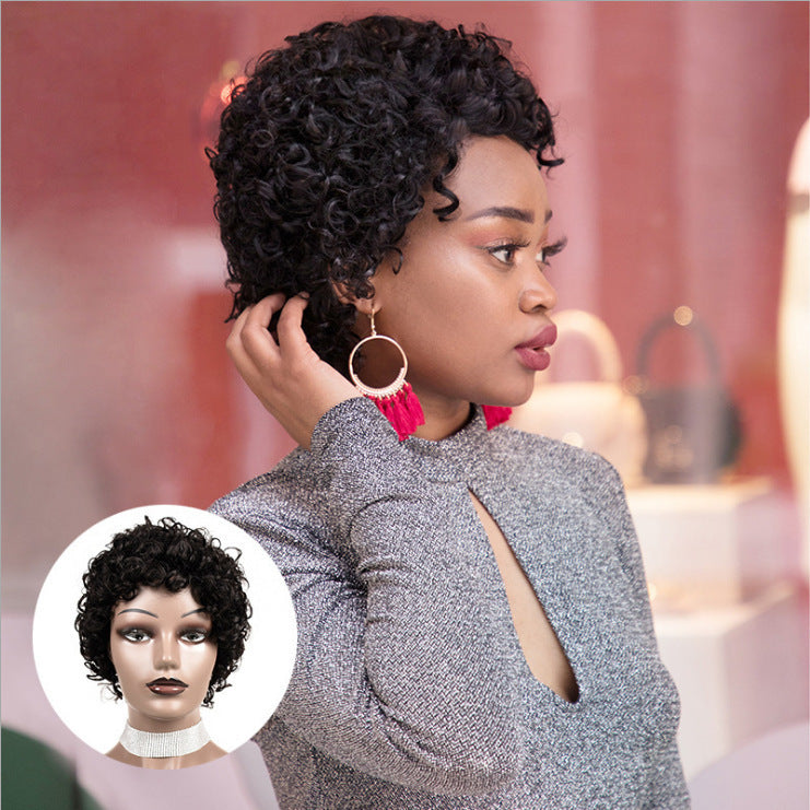 Golden Female Gray Gold Color Head Cover Wig Short Curly Hair