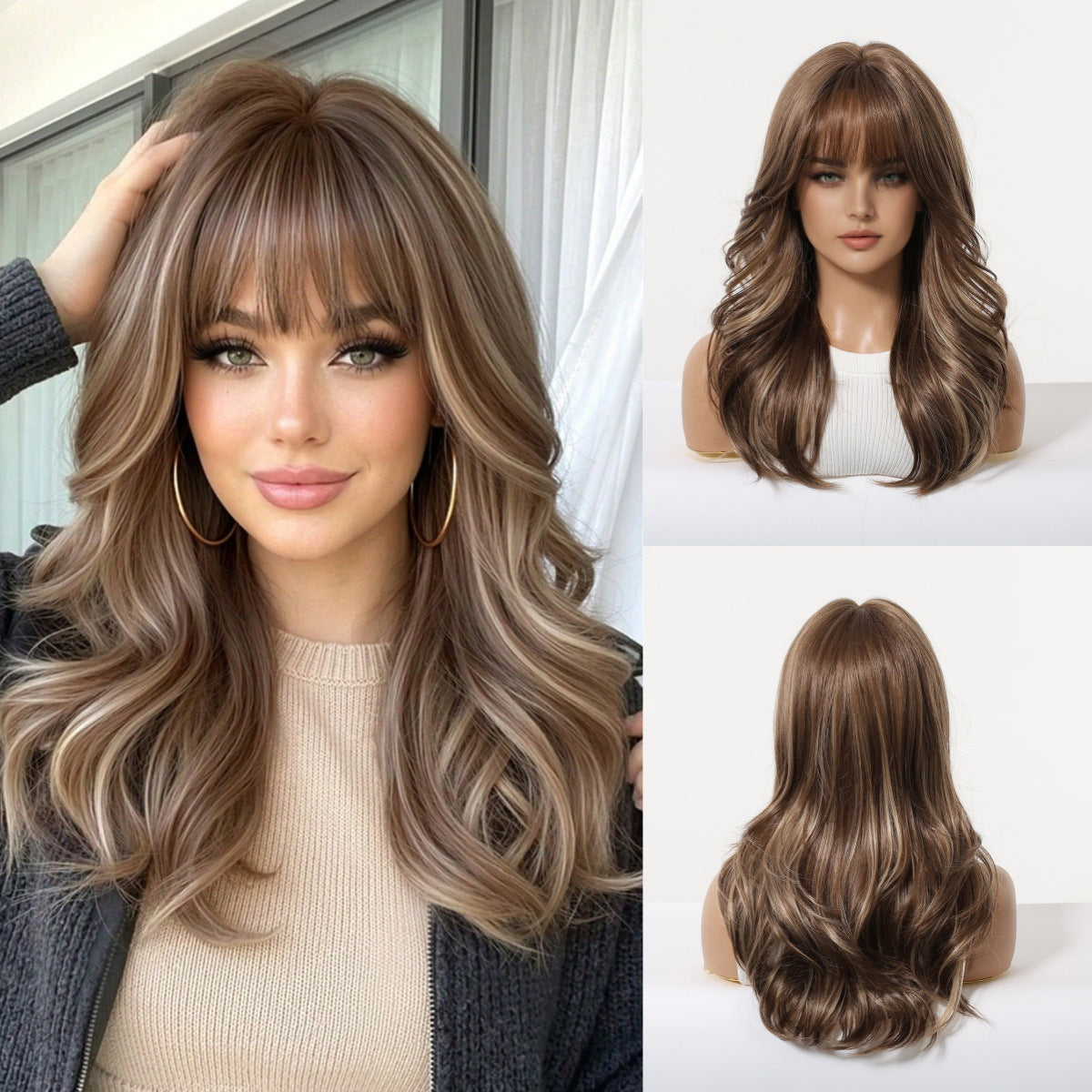 Mechanism Chemical Fiber Brown Hair Wave Straight Bangs Fluffy Natural Wig Long Curls