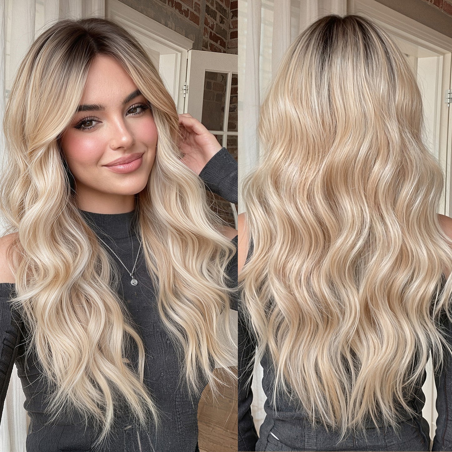 Gradient Platinum Curly Bangs Fluffy Natural Fiber Wig Long Curls