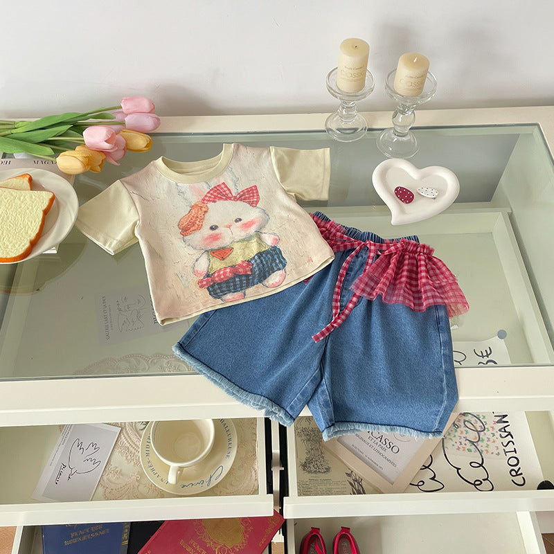 Children's Oil Painting Rabbit T-shirt Fart Curtain Children's Suit