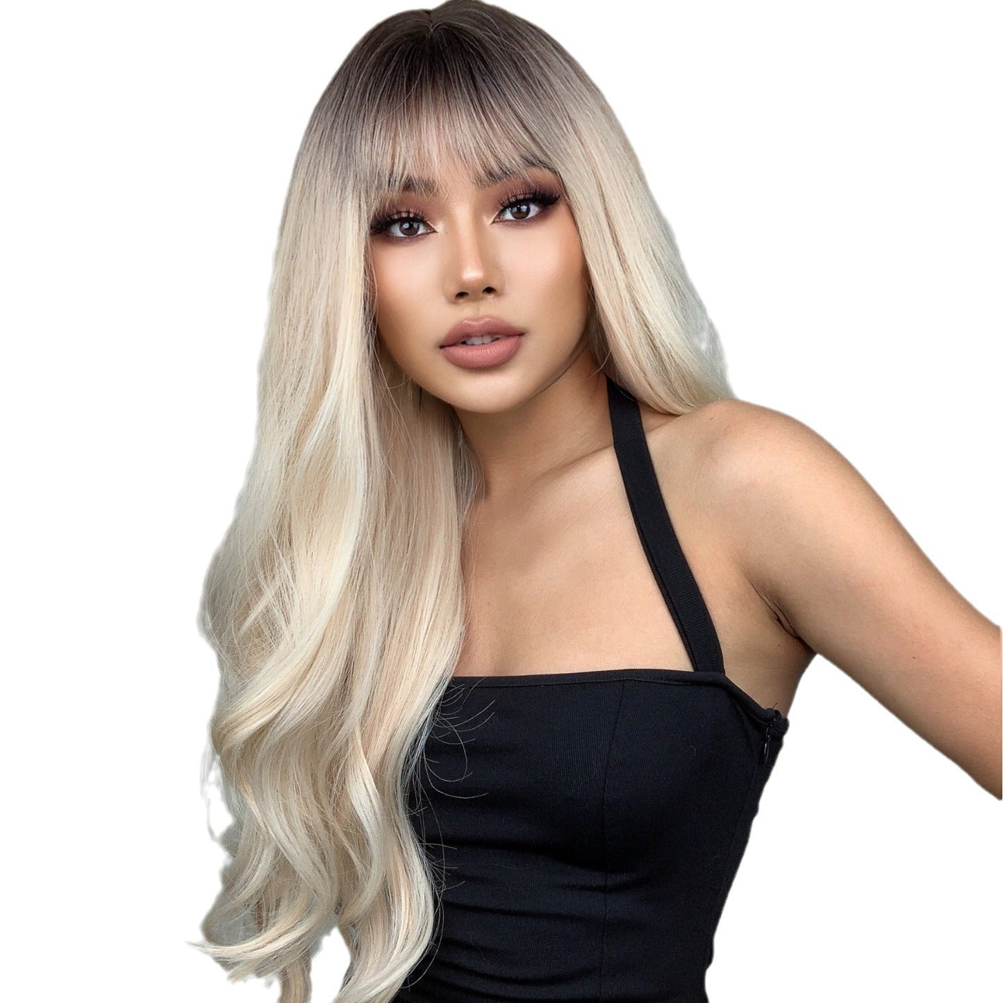 Straight Bangs Curly Hair Gradient White Gold Color Mechanism Wig Long Curls