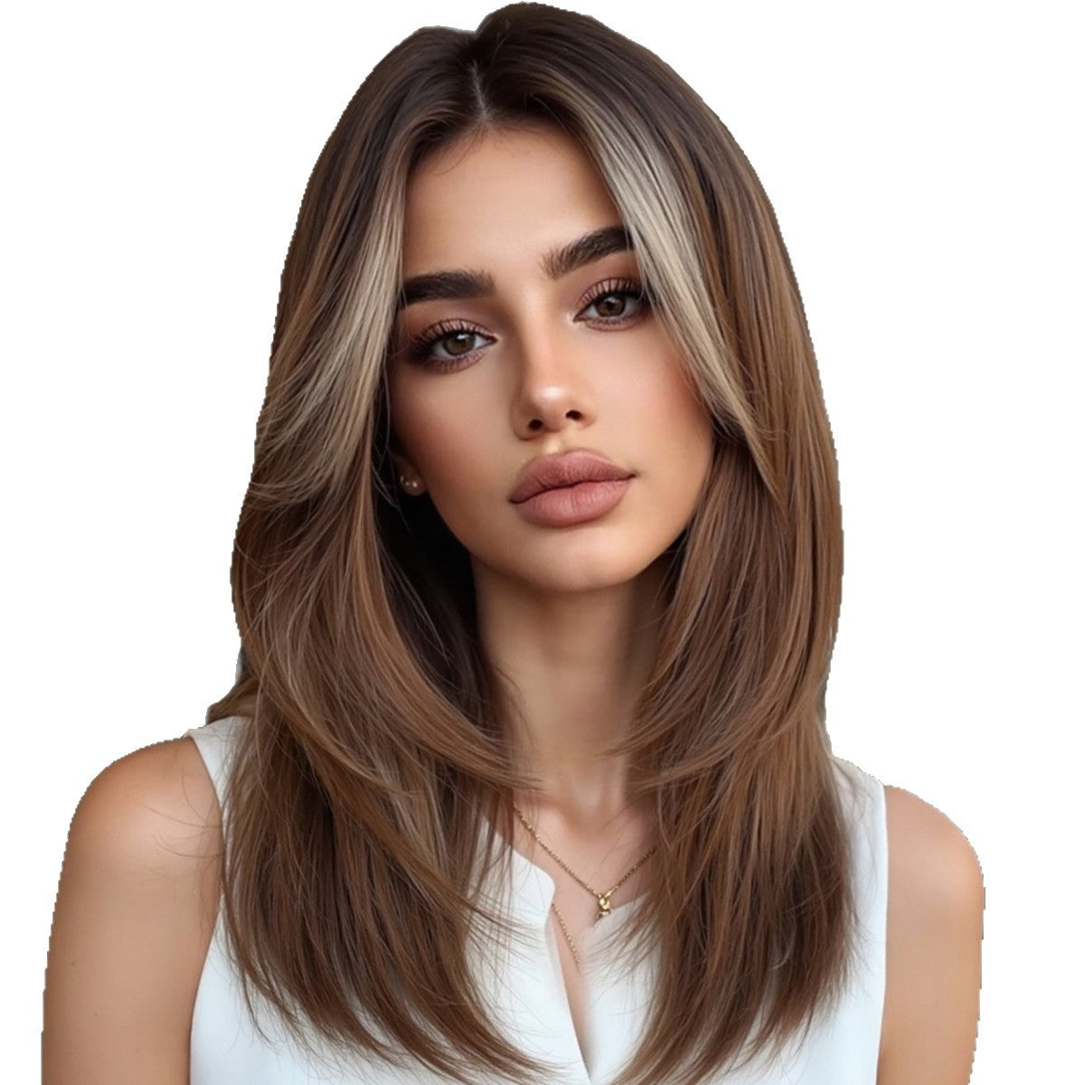 Bangs Head Dyed Gradient Brown Layered Long Straight Wig