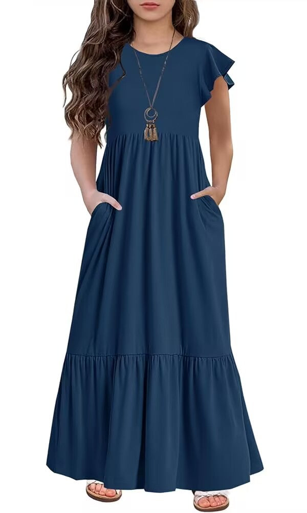 Crew Neck Casual Elegant Layered Super Long Children's Dress