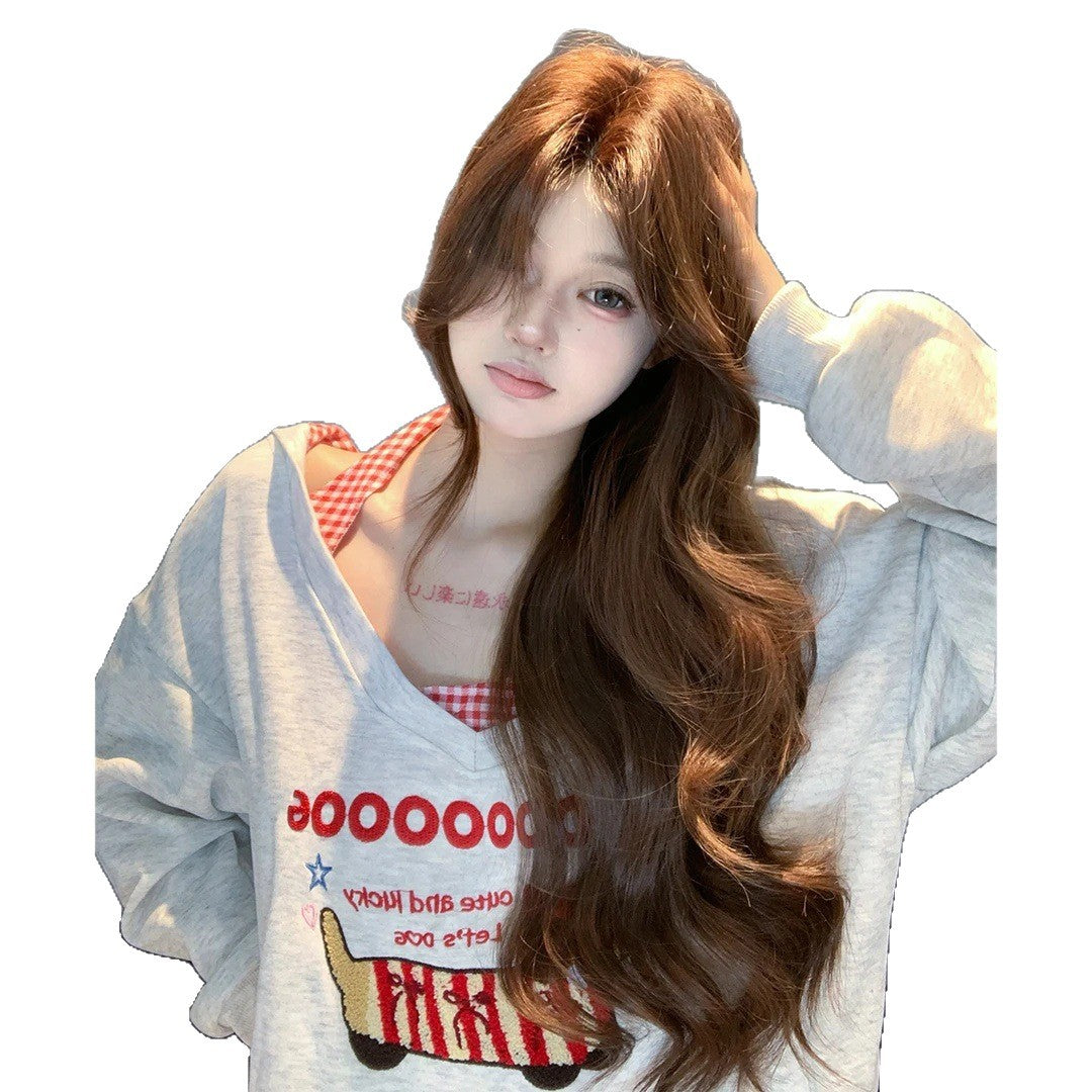 Brown Female Medium Large Wave Lazy Temperament Curly Hair Bangs Wig Long Curls