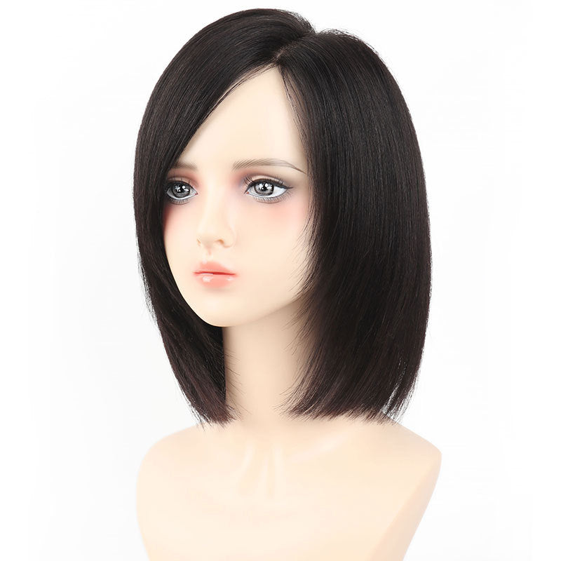Women's Full Human Hair Lightweight Breathable Front Top Delivery Needle Left Long Straight Wig