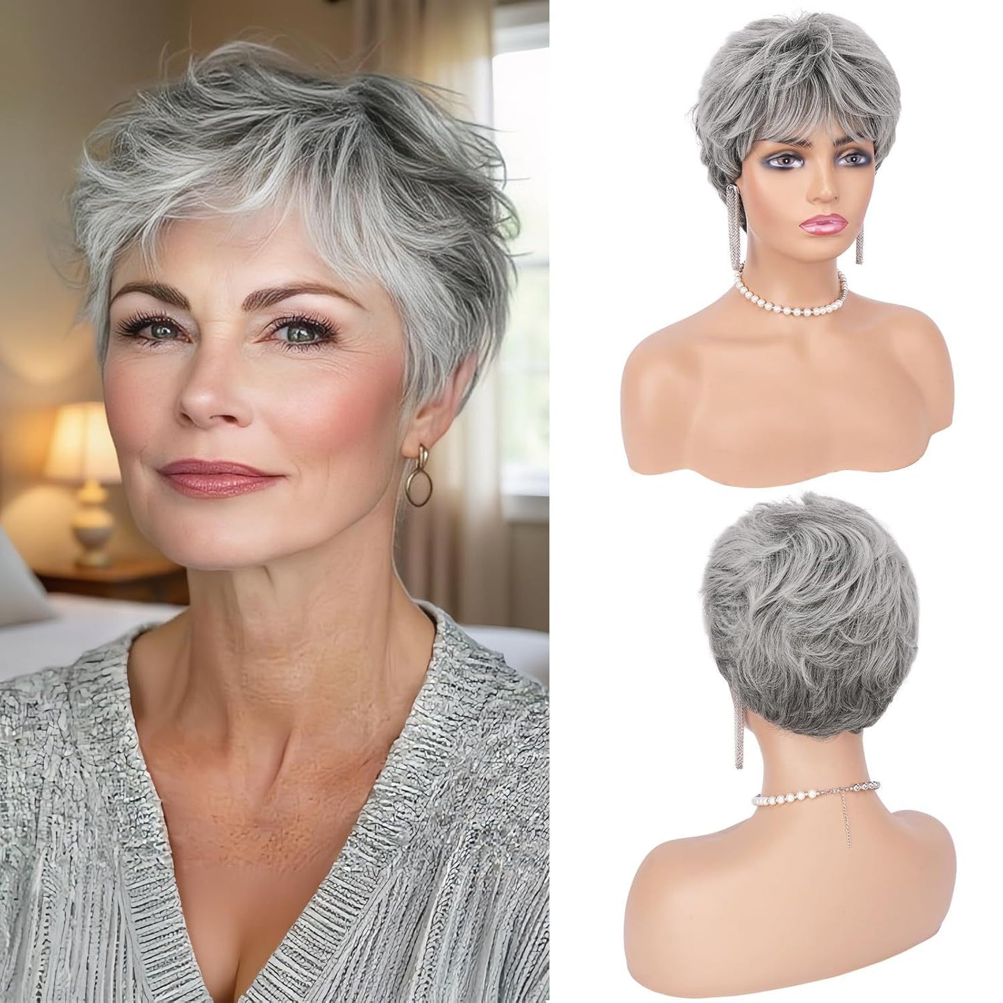 Women's Gray White Fashion Fiber Synthetic Wigs Wig Short Curly Hair