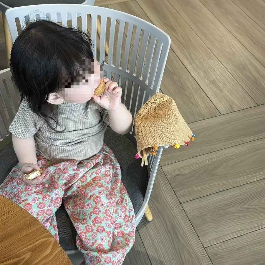 Korean Style Floral Pants Gray Fashion Short Sleeve Two-piece Wide Children's Suit