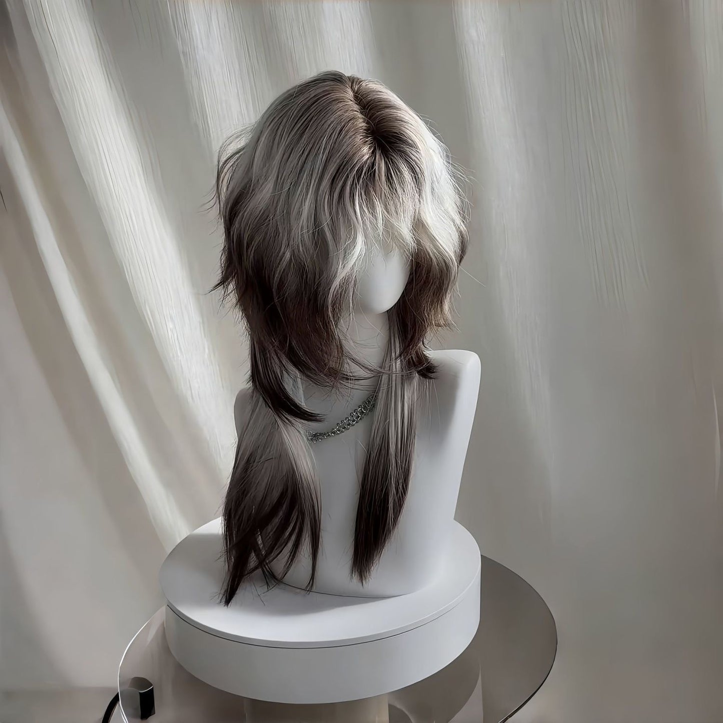 Sier Brown Gradient Anchovy Head Tail Full Wig Long Curls