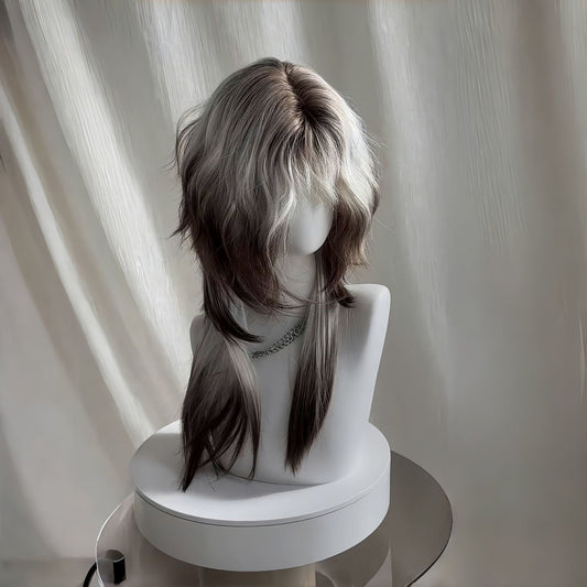 Sier Brown Gradient Anchovy Head Tail Full Wig Long Curls