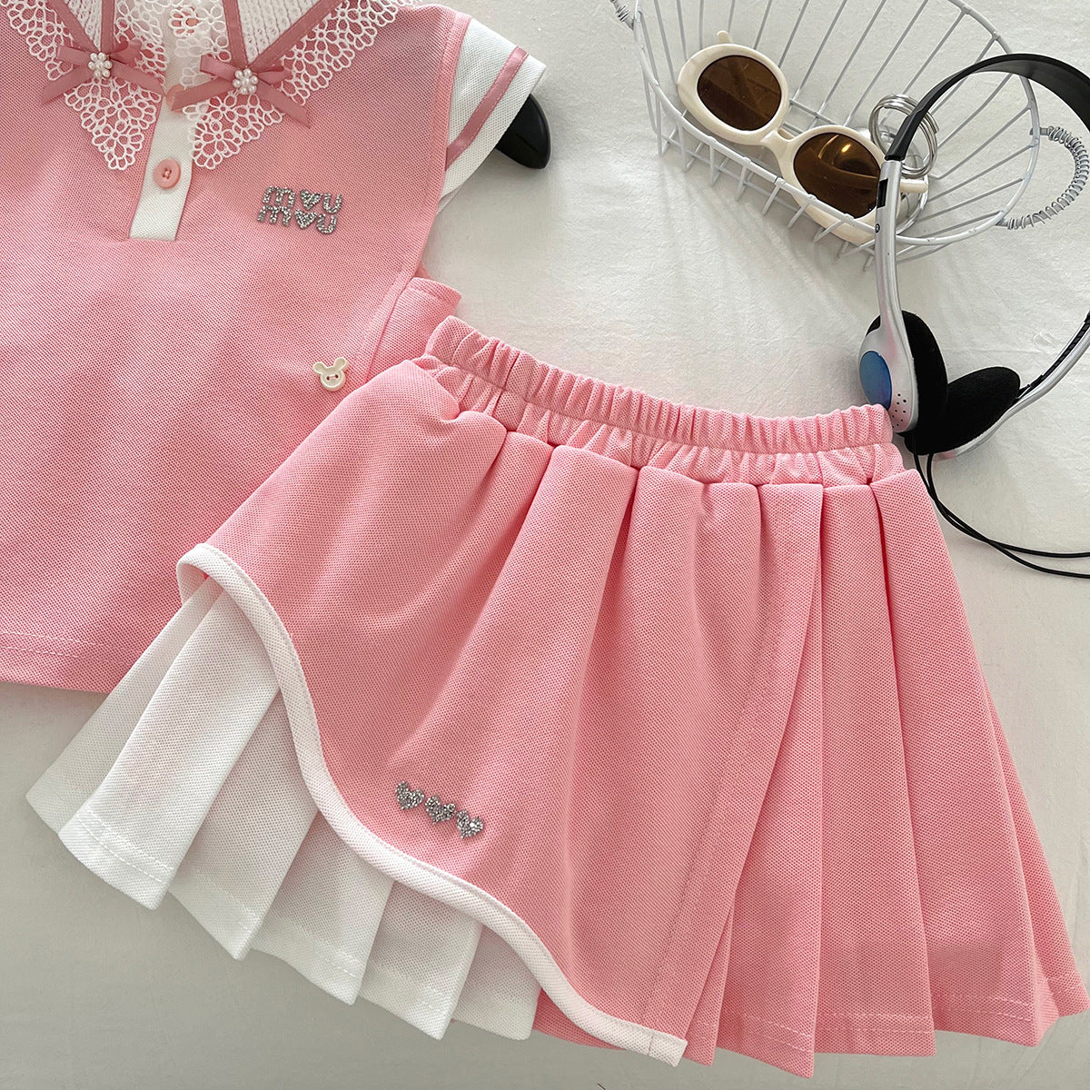 Summer Lapel Flower Bow Tie Vest Top Lace Skirt Children's Suit