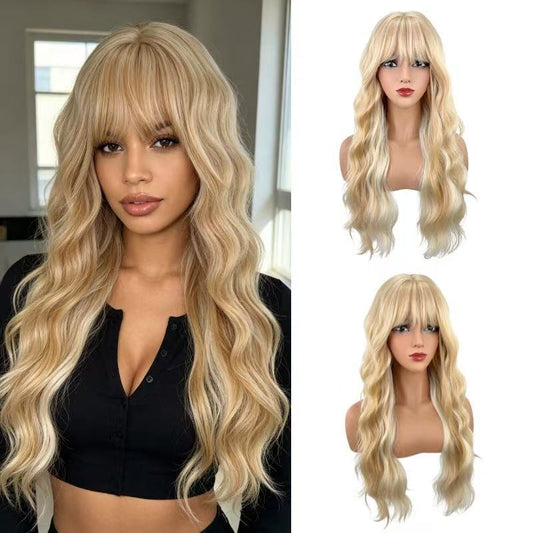 Women's White Gold Color Gradient Curly Hair Air Bangs Chemical Wig Long Curls