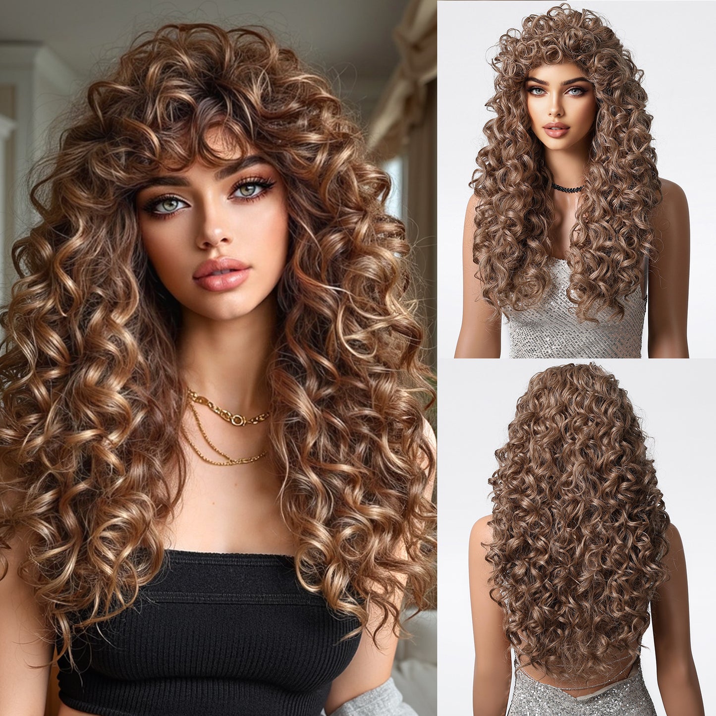 Women's White Gold Color Air Bangs Small Wig Long Curls