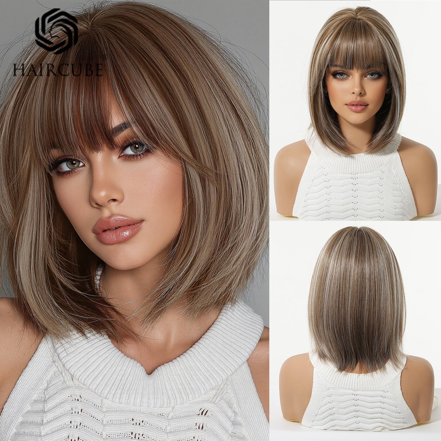 Women's Gradient Brown Highlights Artificial Human Fiber Wig Short Straight Hair