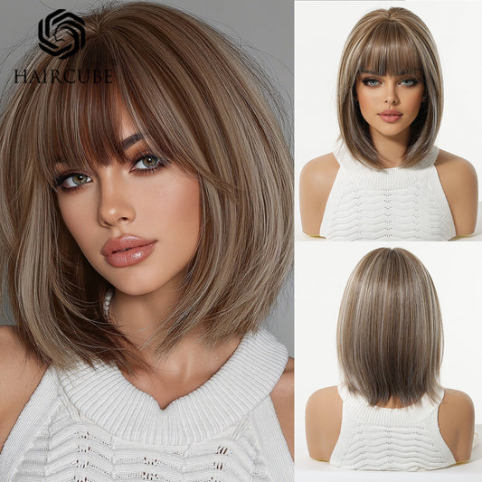 Women's Gradient Brown Highlights Artificial Human Fiber Wig Short Straight Hair