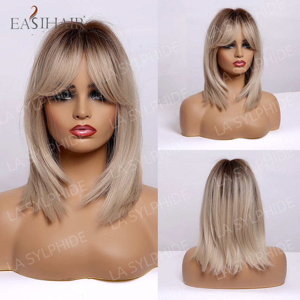 Synthetic Bob With Bang Brown Hair Long Straight Wig