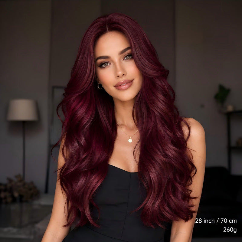 Wine Red Curly Medium Points Soft Light Big Wave Fiber Wig Long Curls