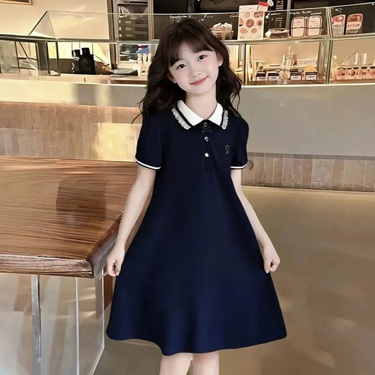 For Middle Big Graceful Fashionable Collar Short Sleeve Princess Children's Dress