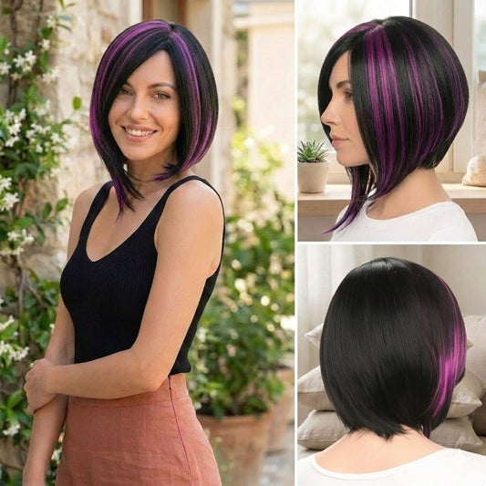 Women's Black Purple Dyed Chemical Fiber Wave Wig Short Curly Hair