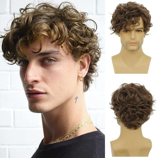Men's Brown Side Bangs Short Curly Hair Men's Wig