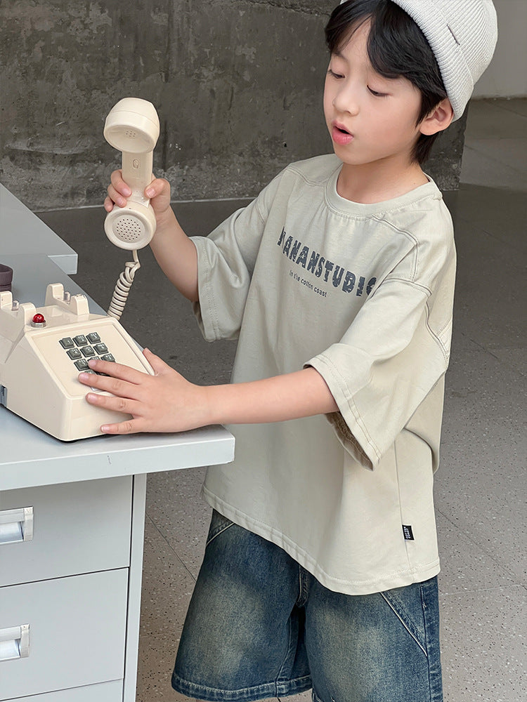 Children's Shirt Letter Print Round Neck Pullover Simple Versatile Casual Loose Children's T-shirt
