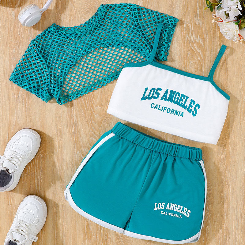 Mesh Hollow Out Camisole Vest Shorts Sports Children's Suit