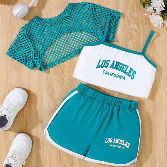 Mesh Hollow Out Camisole Vest Shorts Sports Children's Suit