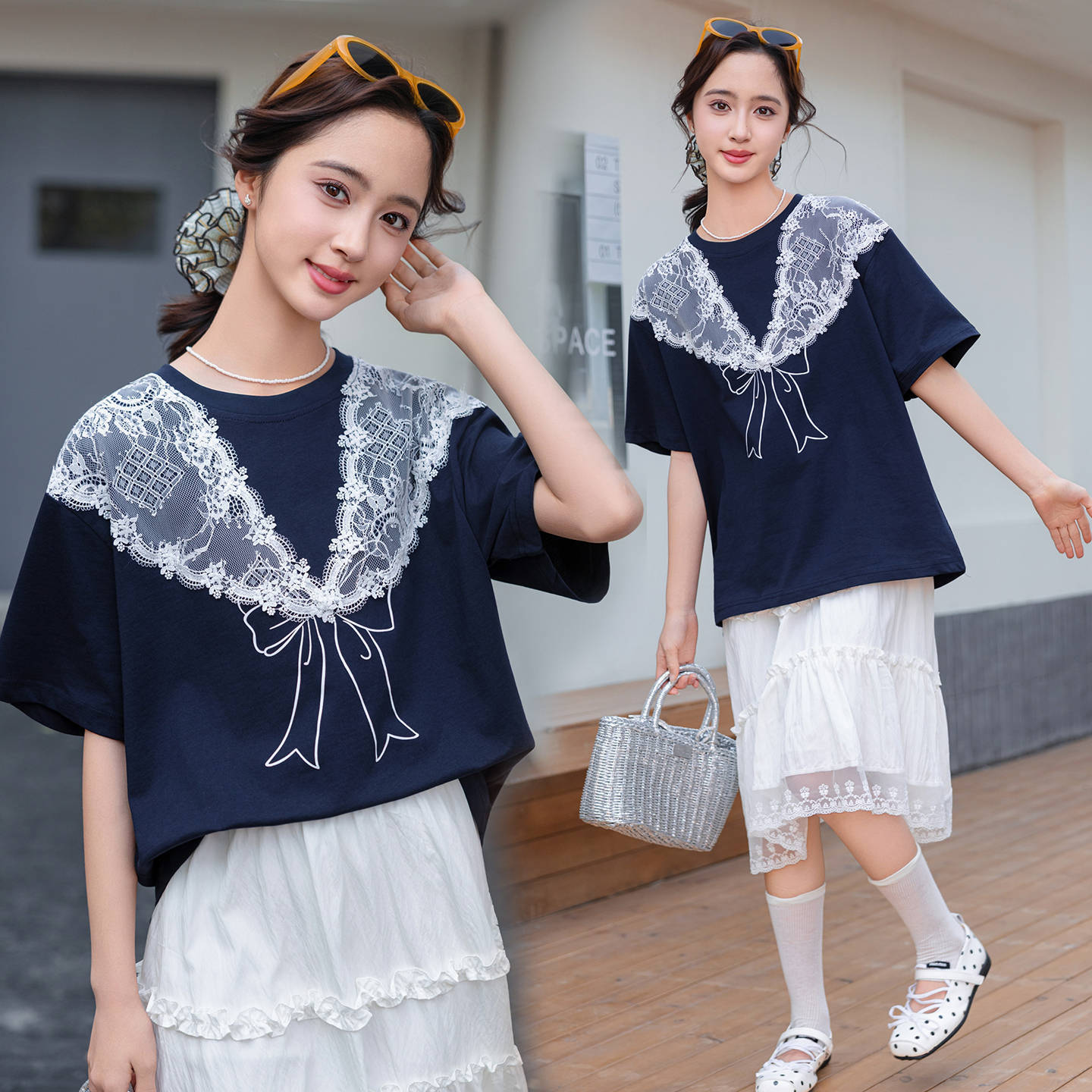 Women's Short Sleeve Large Size Loose Lace Patchwork Easy Matching Half Children's T-shirt
