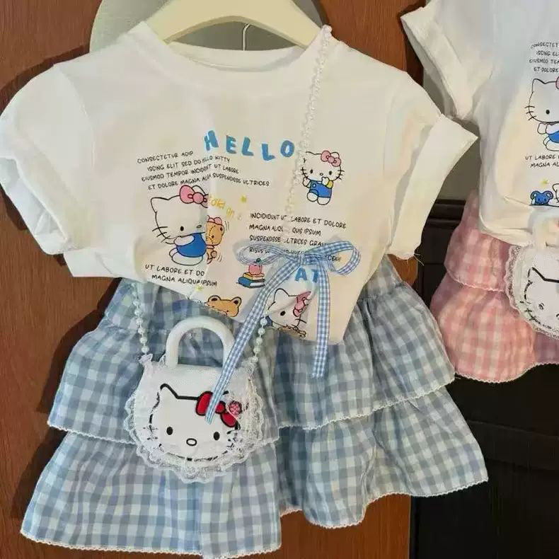 Sweet Cat Short-sleeved T-shirt Plaid Korean Style Fashionable Princess Two-piece Children's Suit