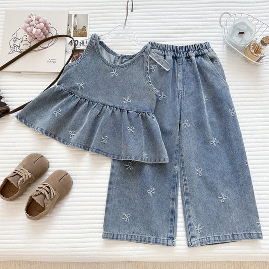 Summer Korean Style Denim Skirt Trousers Two-piece Washed Children's Suit