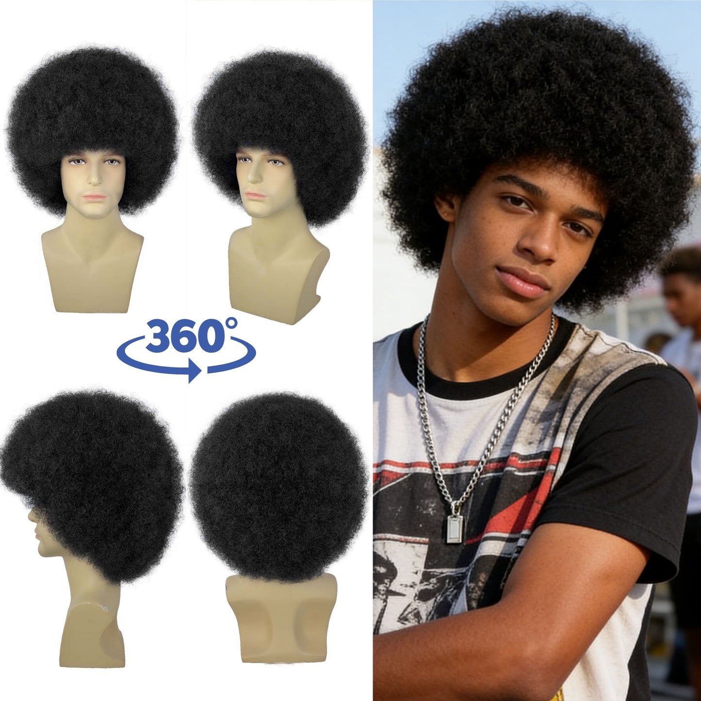 Men's Black Small Roll Explosion Head Cover Wig Long Curls