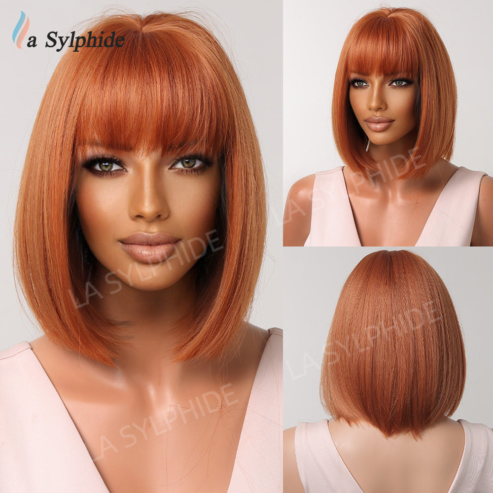 Women's Bangs Brown Gradient Sier Head Daily Wig Short Straight Hair