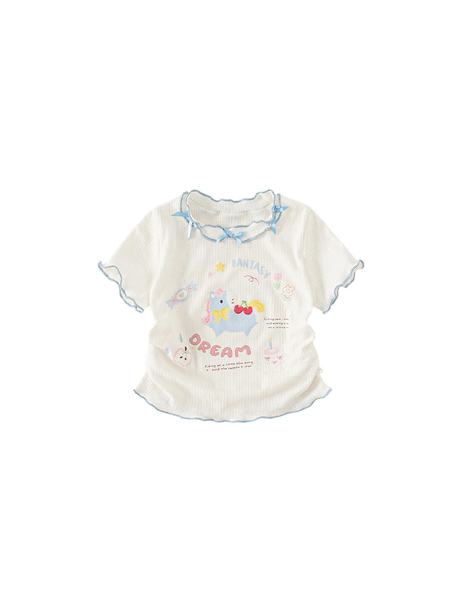 Children's Clothing Short-sleeved Contrast Color Wooden Ear Cute Children's T-shirt