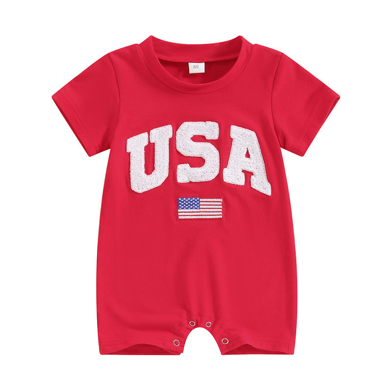 Children's Independence Day Romper Infant Toddler Alphabet Embroidery Short Sleeve Jumpsuit, Climbing Suit