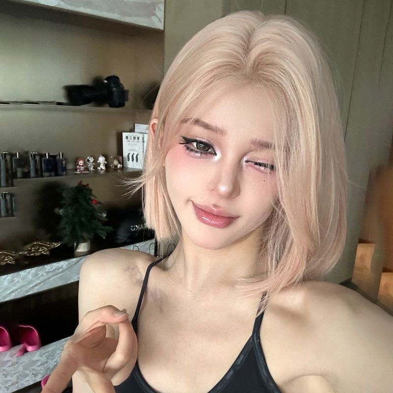 Pink Golden Shoulder Collarbone Summer Bangs Daily Wig Short Straight Hair