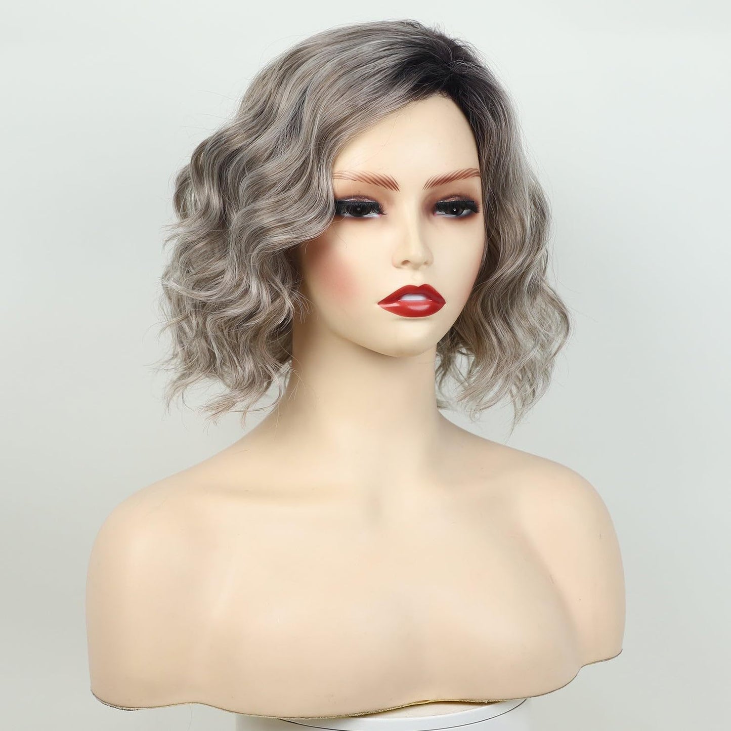 Women's Split Mid-length Gray Gold Gradient Water Ripple Synthetic Wig Short Curly Hair