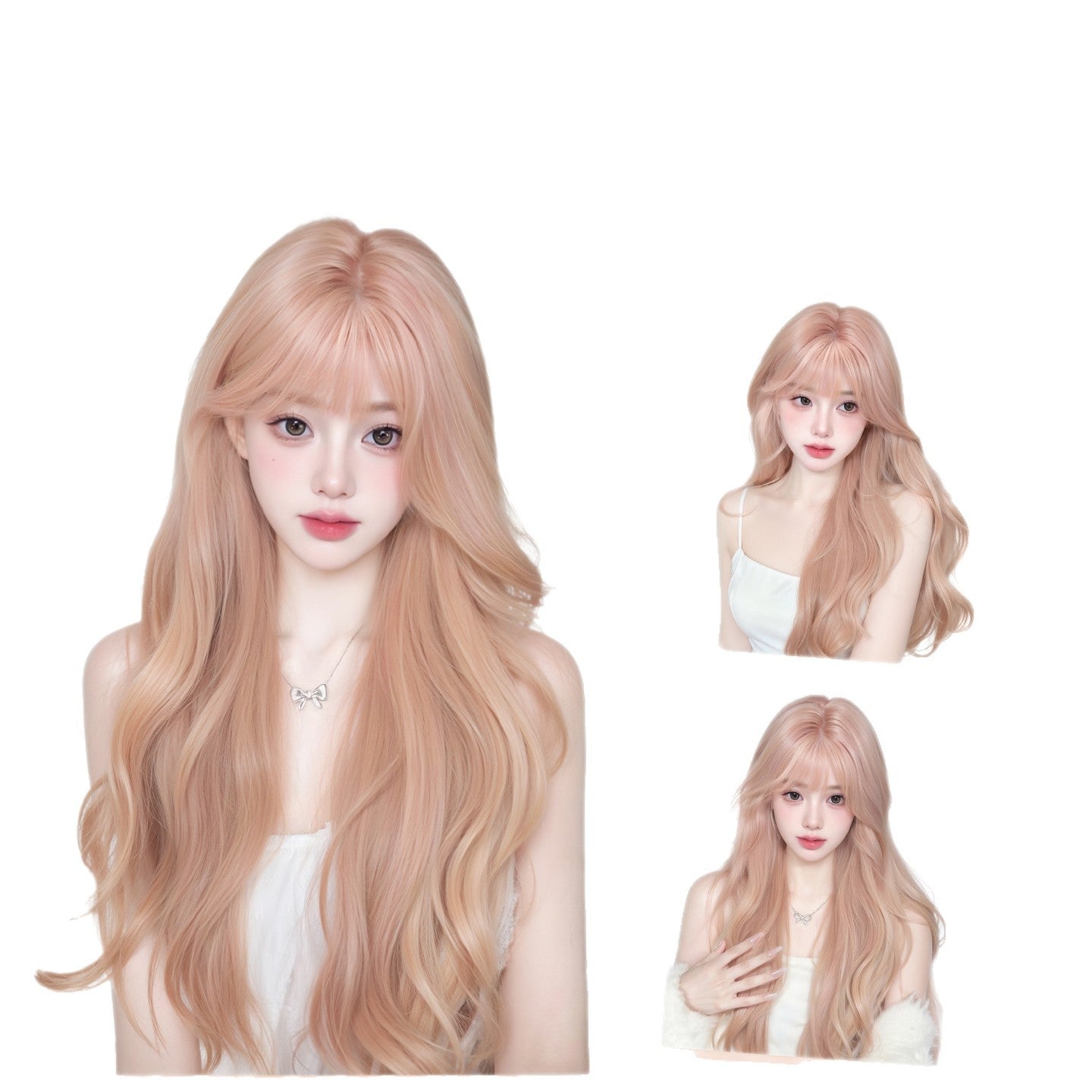 Female Gold Powder Straight Bangs Korean Style Big Wave Curly Wig Long Curls
