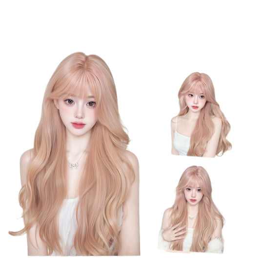 Female Gold Powder Straight Bangs Korean Style Big Wave Curly Wig Long Curls